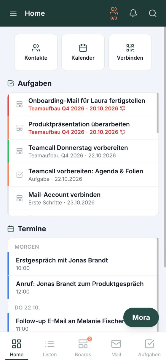 teamora am Smartphone – Home mit Aufgaben und Terminen