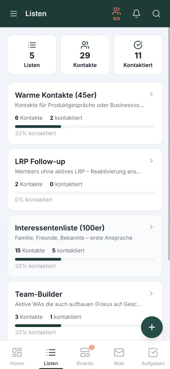 teamora am Smartphone – Listen-Übersicht mit 100er- und 45er-Liste