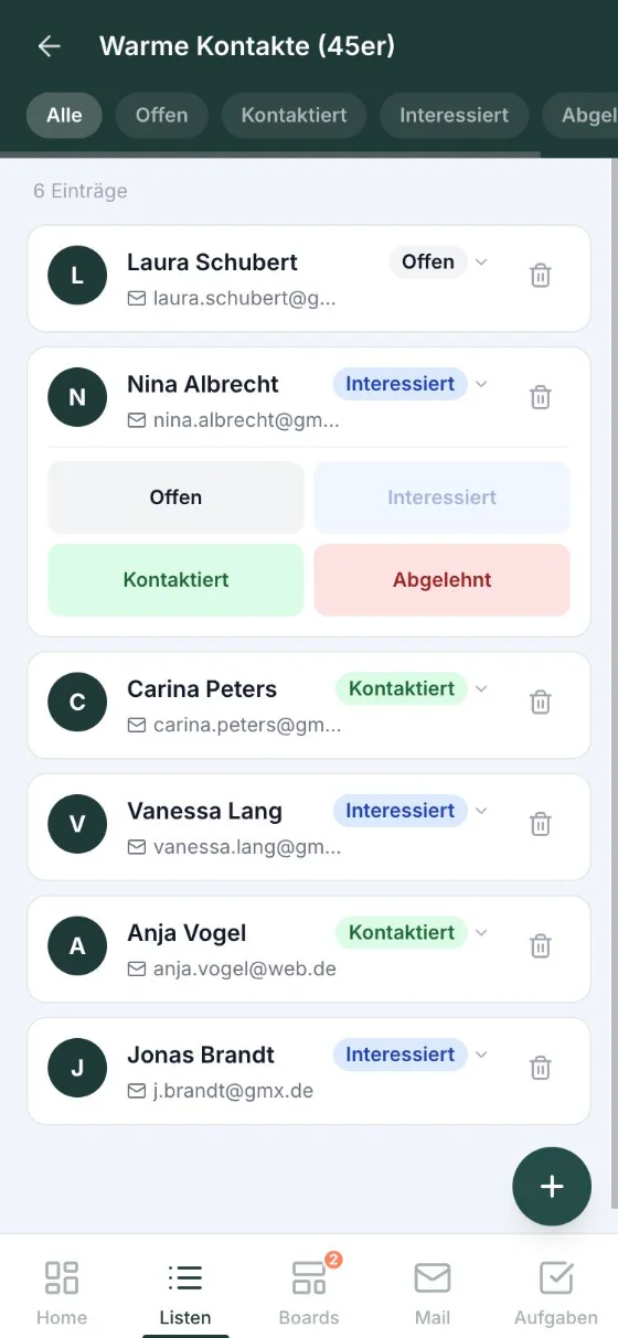 teamora am Smartphone – Liste Warme Kontakte (45er) mit Statuswahl